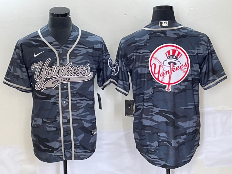 Men's New York Yankees Gray Camo Team Big Logo With Patch Cool Base Stitched Baseball Jersey
